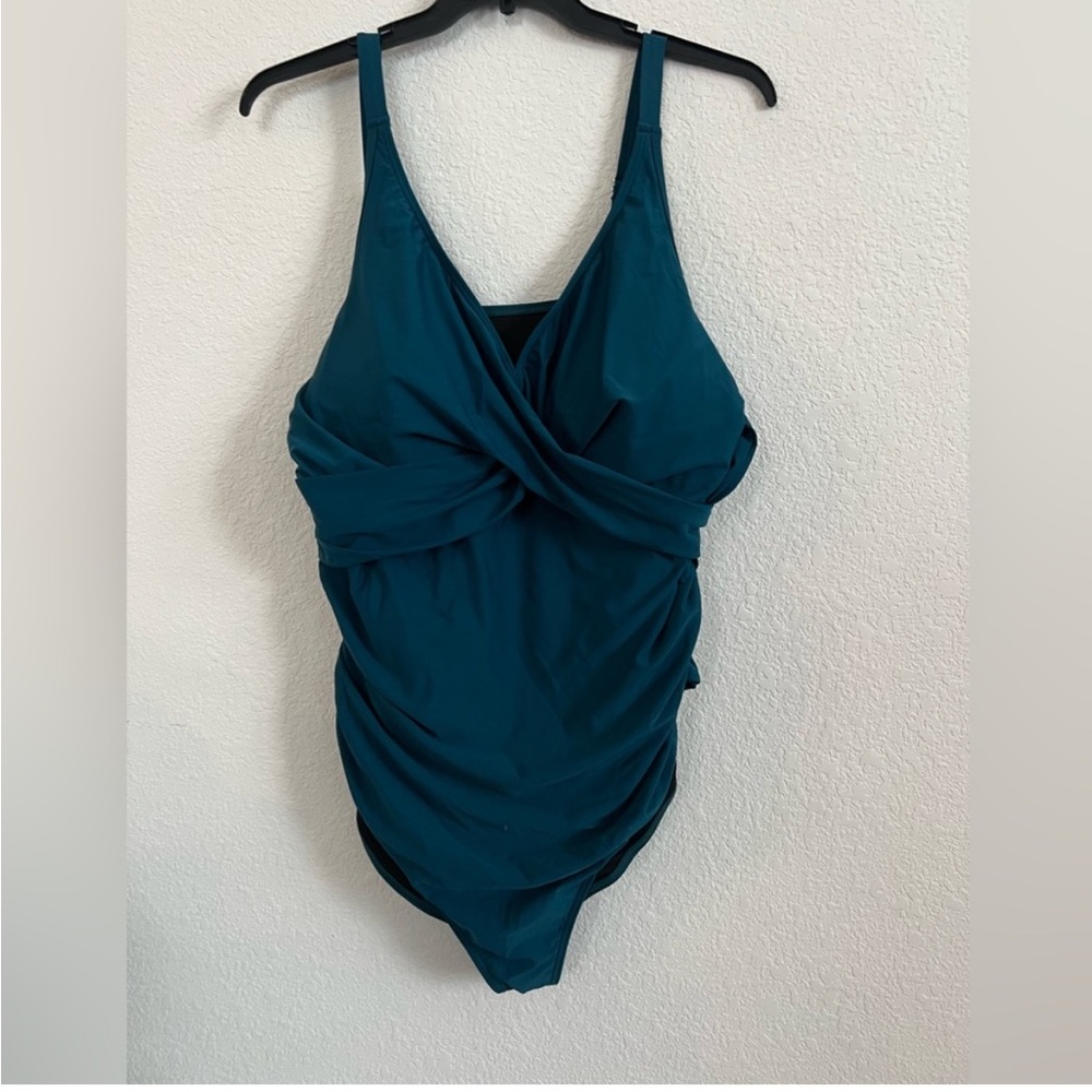 BloomChic Teal One Piece Swimsuit Size 22-24 Ruched Tummy Control V Neck NWT